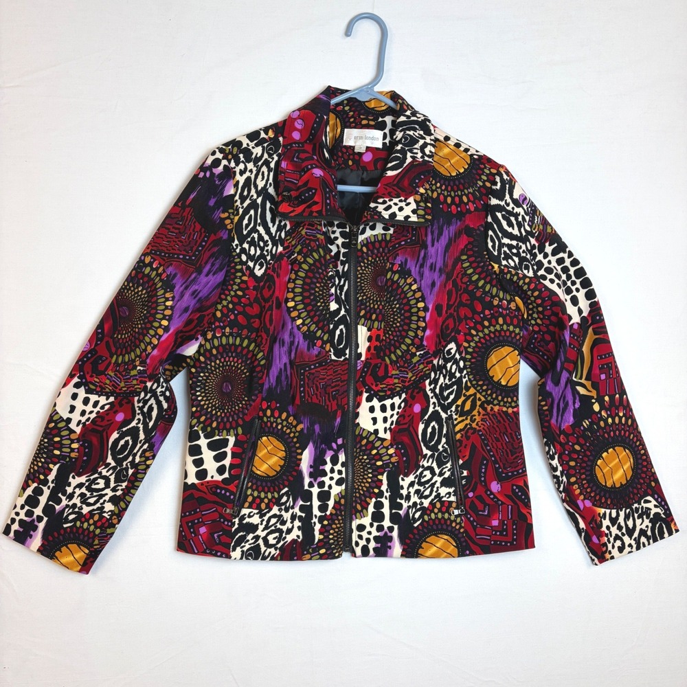 Erin London Womens Abstract Animal Print Zip Up Jacket Multicolor Medium